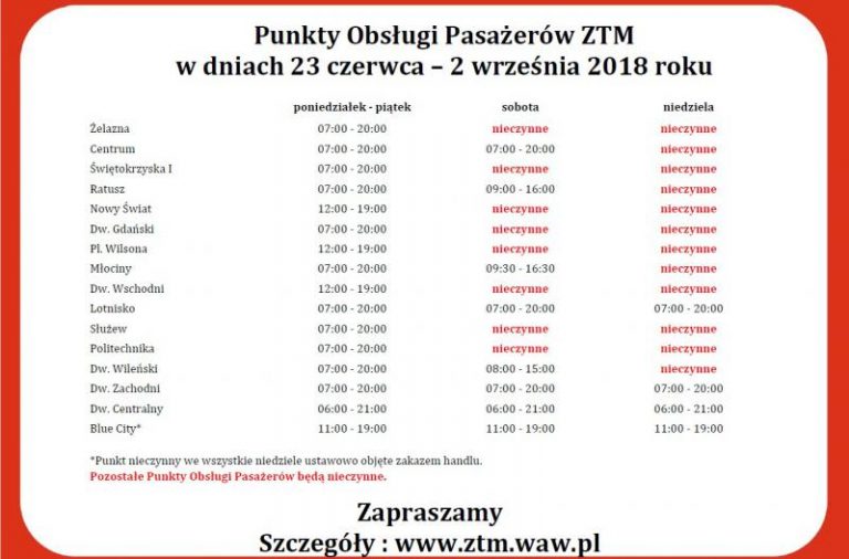 Wakacyjne godziny otwarcia  Punktów Obsługi Pasażerów