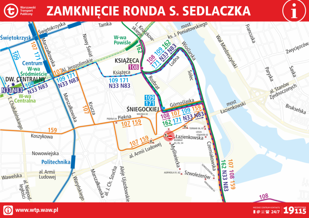 schemat tras objazdowych dla autobusów w rejonie ronda Sedlaczka