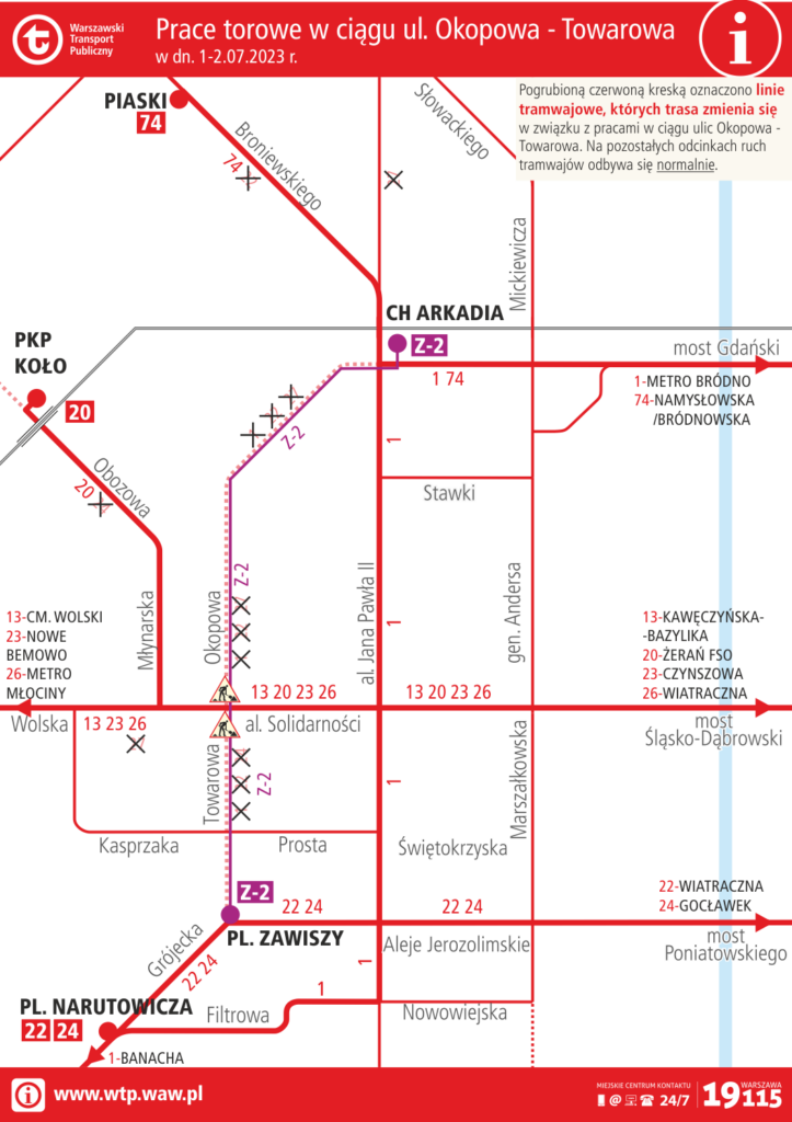 Schemat zmian tras linii tramwajowych podczas prac torowych w ciągu ulic Towarowa - Okopowa