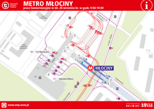 Schemat zmian w funkcjonowaniu komunikacji podczas prac konserwacyjnych na pętli METRO MŁOCINY