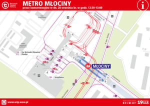 Schemat zmian w funkcjonowaniu komunikacji podczas prac konserwacyjnych na pętli METRO MŁOCINY