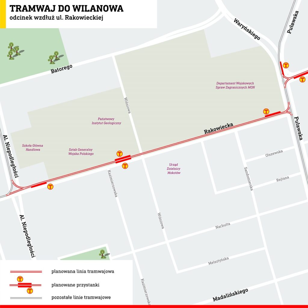 Schemat rozplanowania tramwaju wzdłuż ul. Rakowieckiej, pomiędzy al. Niepodległości i ul. Puławską