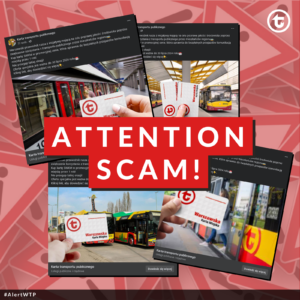 Graphic with the slogan ATTENTION TO SCAM!, showing an example of a sponsored social media post directing to public transport ticket offers at suspiciously low prices
