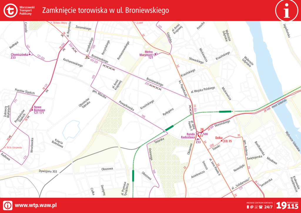 Schemat zmian tras linii autobusowych i tramwajowych