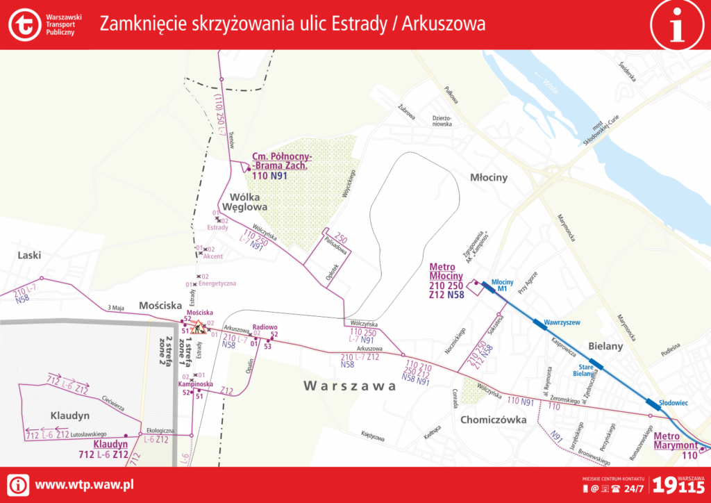 Schamat zmian tras autobusów podczas zamknięcia skrzyśowania ulic Estrady i Arkuszowej