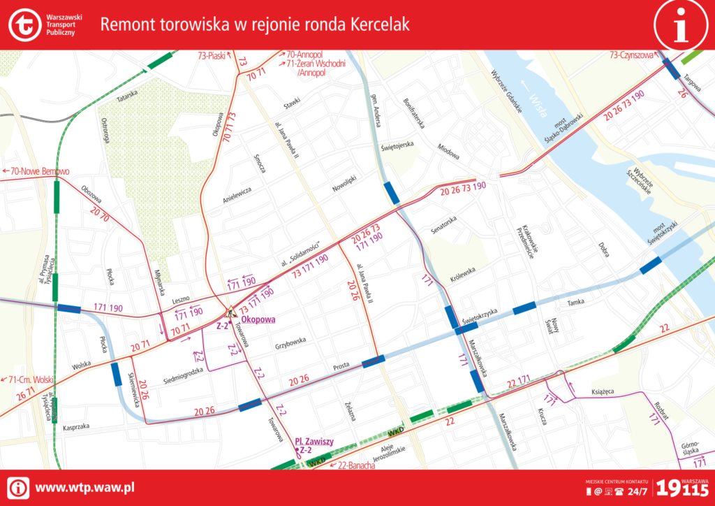 schemat zmian tras linii w rejonie ronda Kercelak