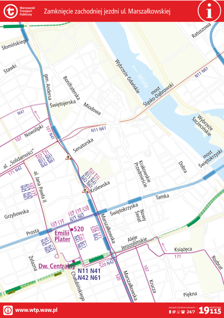 Schemat zmian trasy linii na zachodniej jezdni ulicy Marszałkowskiej