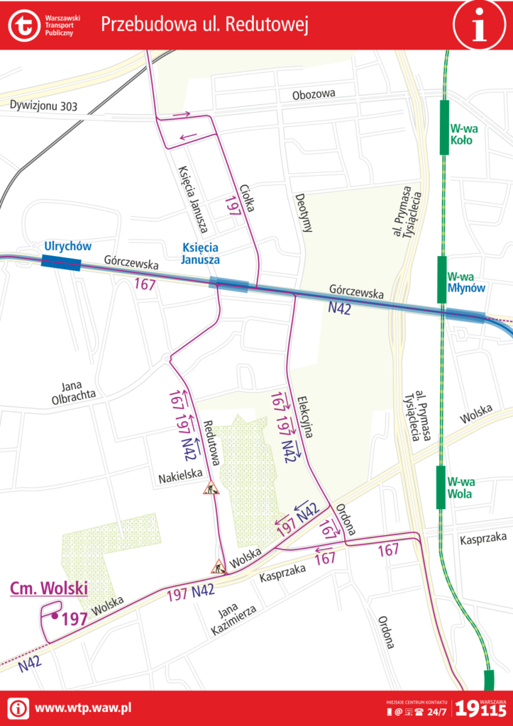 schemat zmian trasy linii w związku z przebudową ulicy Redutowej