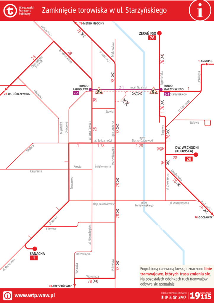 Schemat zmian tras linii tramwajowych i autobusowych