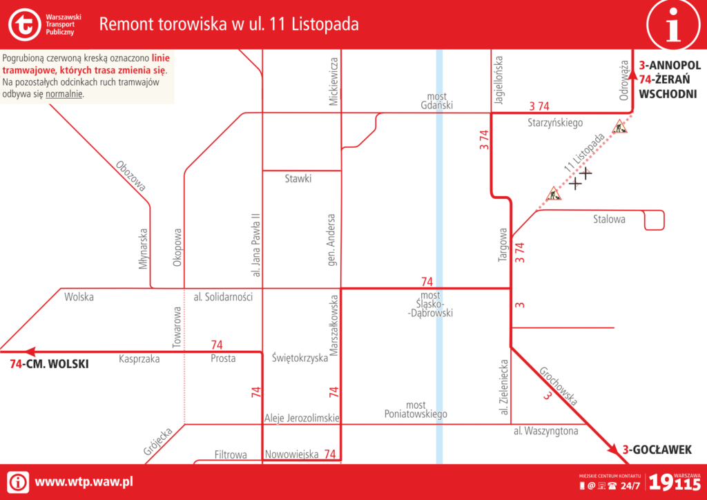 schemat zmian tras linii w rejonie ul. 11 listopada