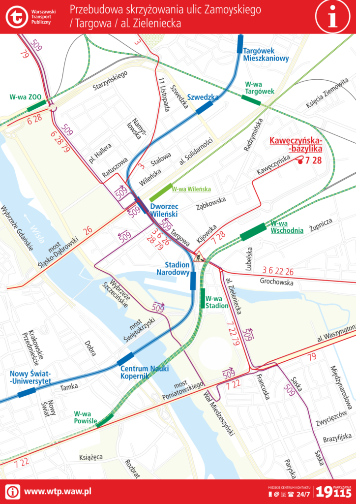 schemat zmian tras linii w obrębie skrzyżowania ulic Zamoyskiego/Targowa/ Zieleniecka