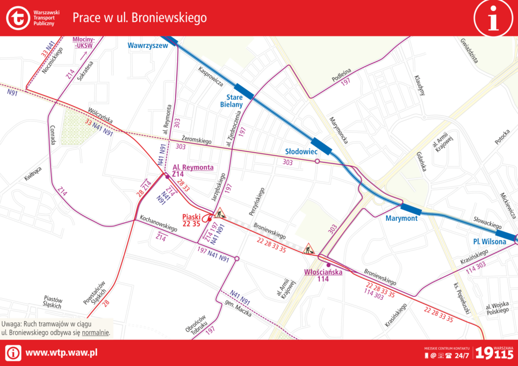 schemat zmian tras w związku z pracami w ulicy Broniewskiego