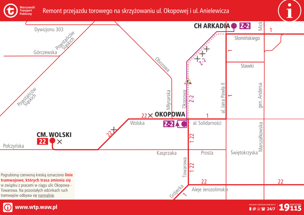 schemat zmian tras linii tramwajowych w związku z remontem w ulicy Okopowej