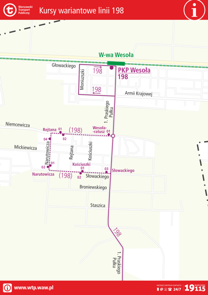 Schemat kursów wariantowych dla linii 198