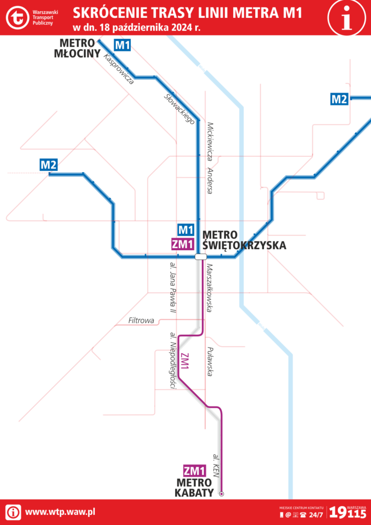 Schemat zmiany trasy metra w noc 18/19 października