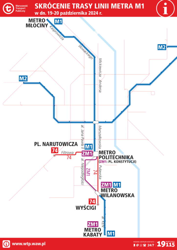 Schemat zmiany trasy metra i linii zastępczych w weekend 19-20 października