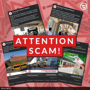 Graphic with the slogan ATTENTION TO SCAM!, showing an example of a sponsored social media post directing to public transport ticket offers at suspiciously low prices