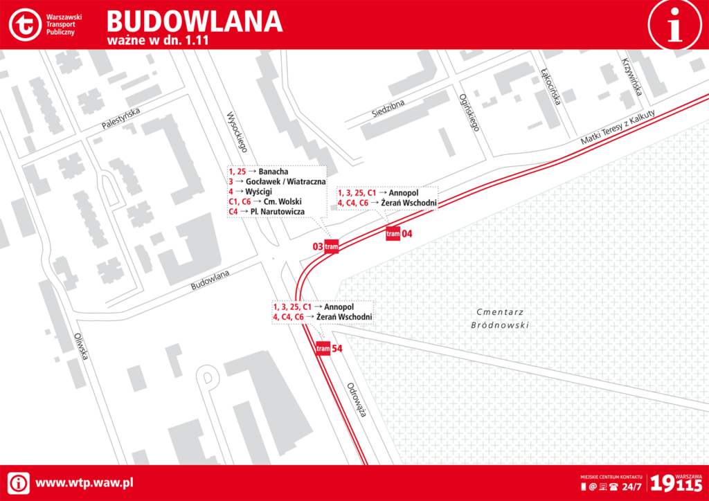 Schemat rozmieszczenia linii na przystankach 1 listopada - Budowlana