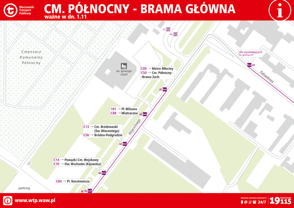 Schemat rozmieszczenia linii na przystankach 1 listopada - Cm. Północny - Brama Gł.