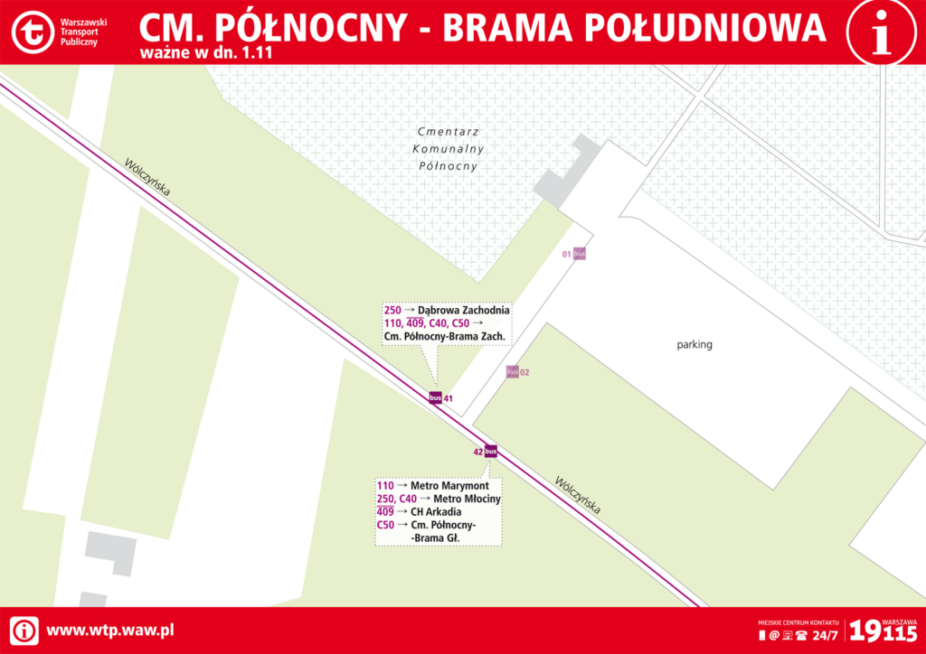 Schemat rozmieszczenia linii na przystankach 1 listopada - Cm. Północny - Brama Południowa