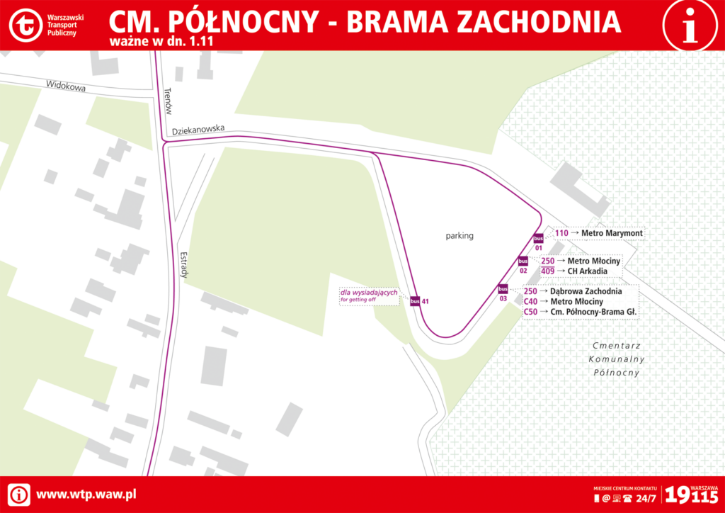 Schemat rozmieszczenia linii na przystankach 1 listopada - Cm. Północny - Brama Zach.