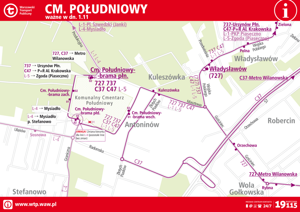 Schemat rozmieszczenia linii na przystankach 1 listopada - Cm. Południowy