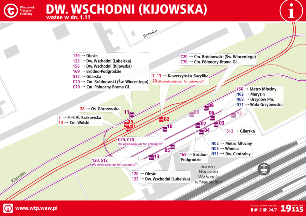 Schemat rozmieszczenia linii na przystankach 1 listopada - Dw. Wschodni (Kijowska)