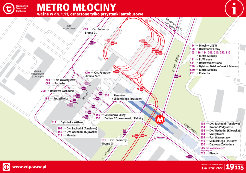 Schemat rozmieszczenia linii na przystankach 1 listopada - Metro Młociny