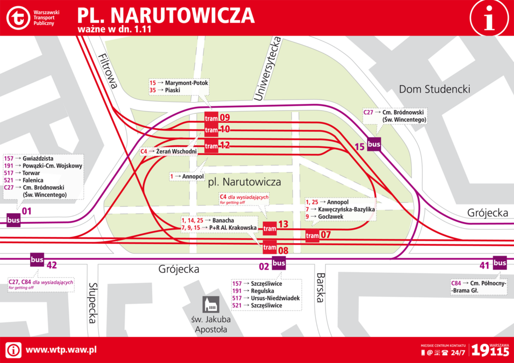 Schemat rozmieszczenia linii na przystankach 1 listopada - Pl. Narutowicza