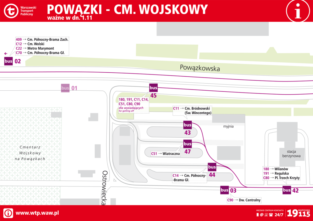 Schemat rozmieszczenia linii na przystankach 1 listopada - Powązki - Cm. Wojskowy