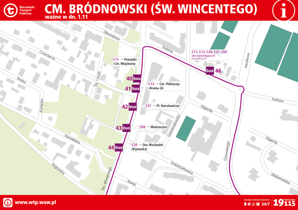 Schemat rozmieszczenia linii na przystankach 1 listopada - Cm. Bródnowski (Św. Wincentego)