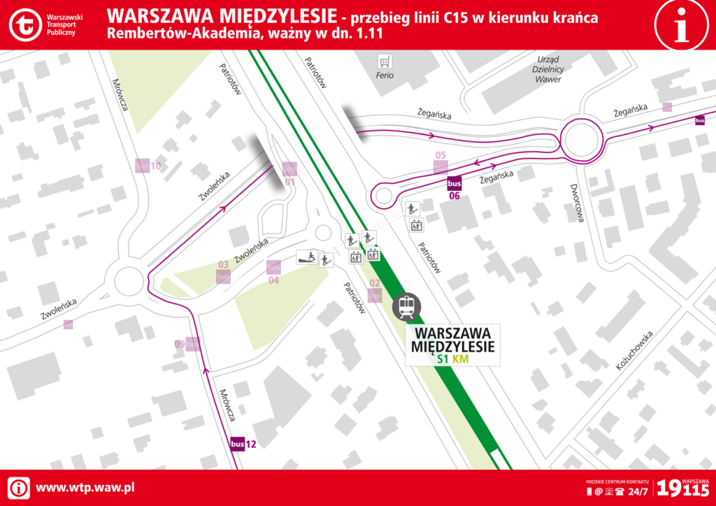 Schemat rozmieszczenia linii na przystankach 1 listopada - Warszawa Międzylesie (C15 -> Rembertów)