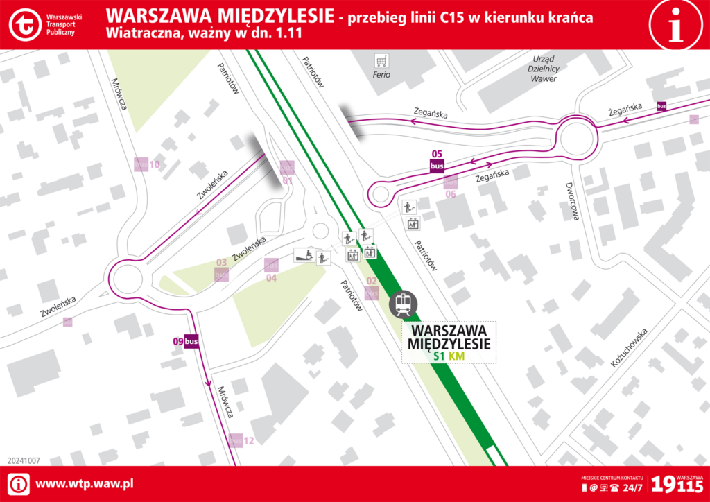 Schemat rozmieszczenia linii na przystankach 1 listopada - Warszawa Międzylesie (C15 -> Wiatraczna)