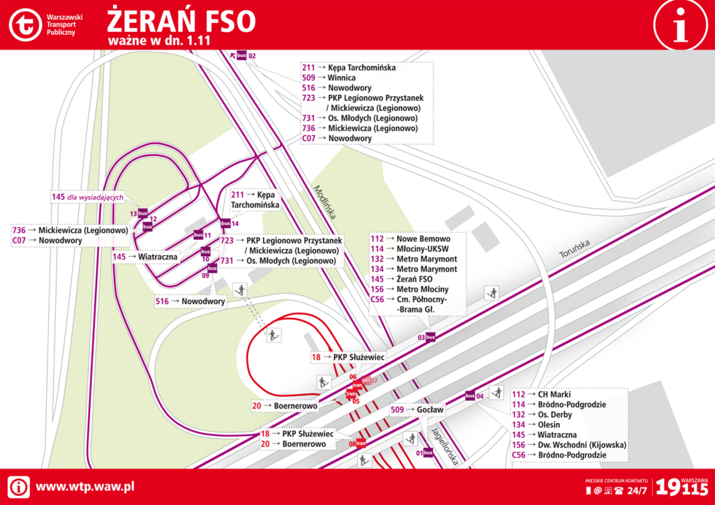 Schemat rozmieszczenia linii na przystankach 1 listopada - Żerań FSO