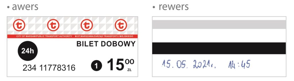 Przykład prawidłowo wpisanej daty rozpoczęcia podróży na odwrocie biletu kartonikowego - 15.05.2021 r. 14:45