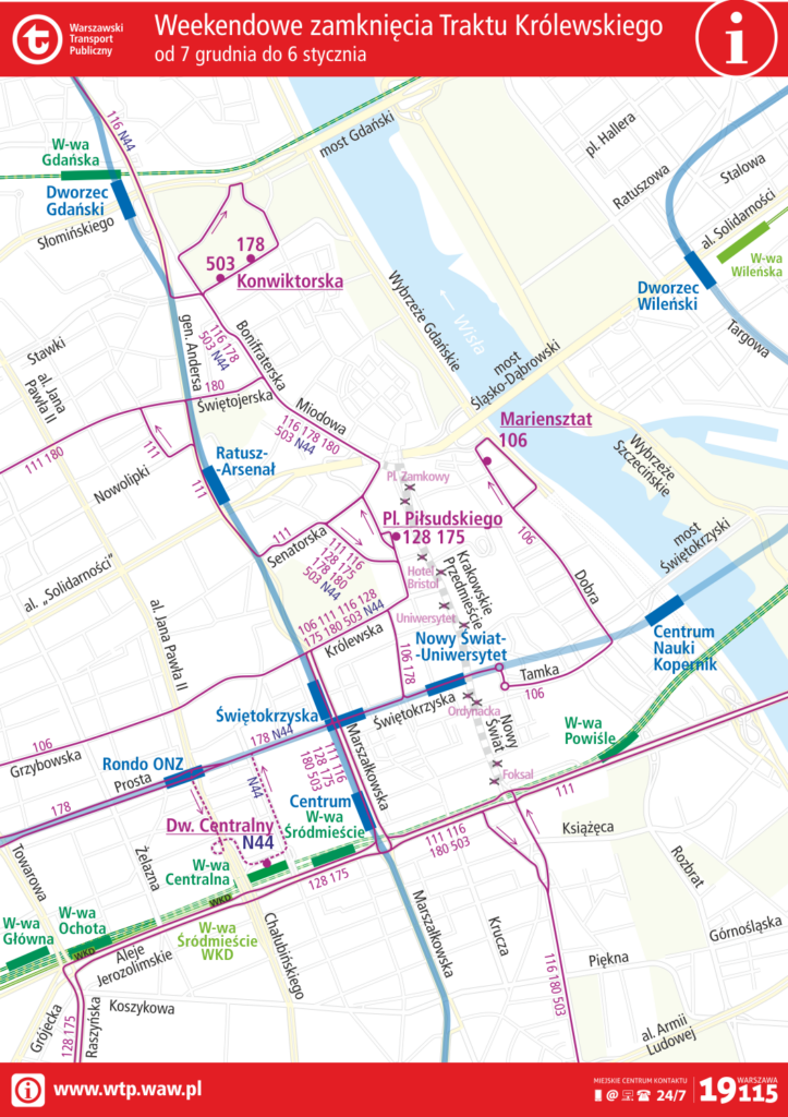 Schemat zmian tras linii autobusowych (WARIANT 1 – zamknięcie na odcinku Senatorska – rondo de Gaulle’a)