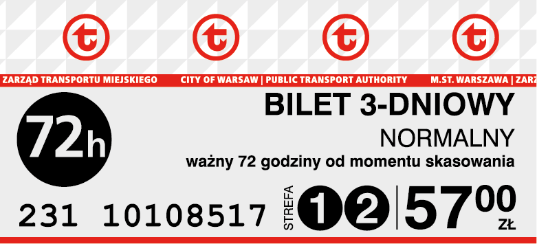 Wzór biletu 72-godzinnego normalnego na dwie strefy z automatu biletowego