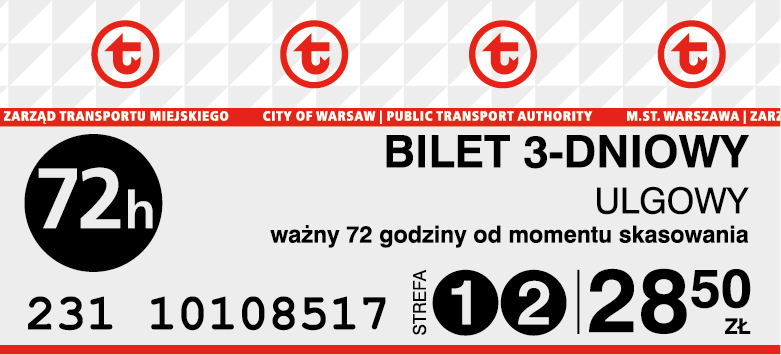 Wzór biletu 72-godzinnego ulgowego na dwie strefy z automatu biletowego