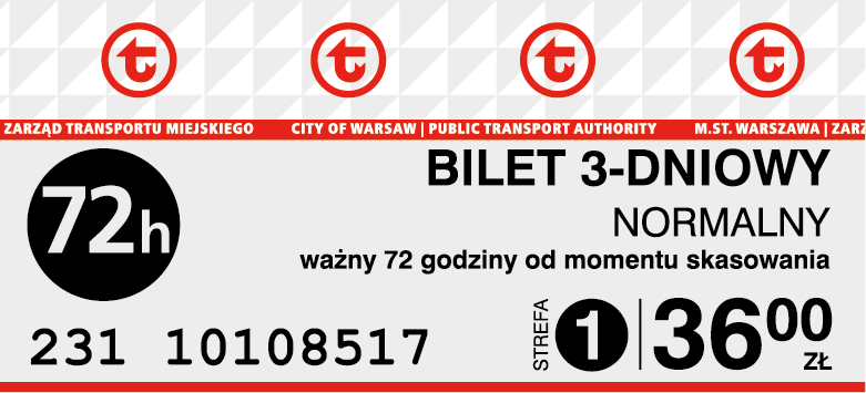 Wzór biletu 72-godzinnego normalnego z automatu biletowego