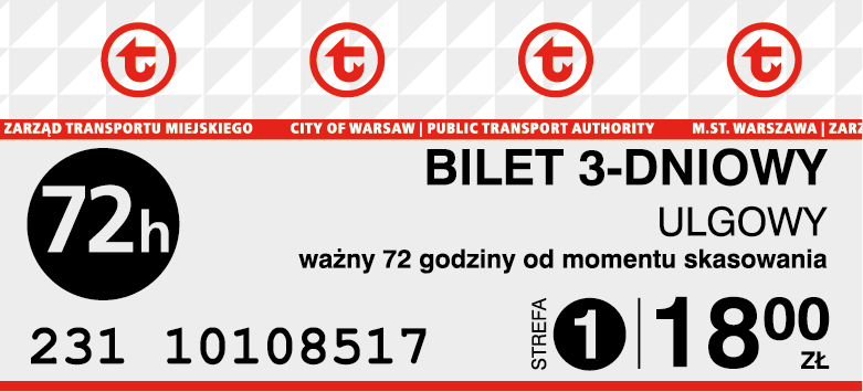 Wzór biletu 72-godzinnego ulgowego z automatu biletowego