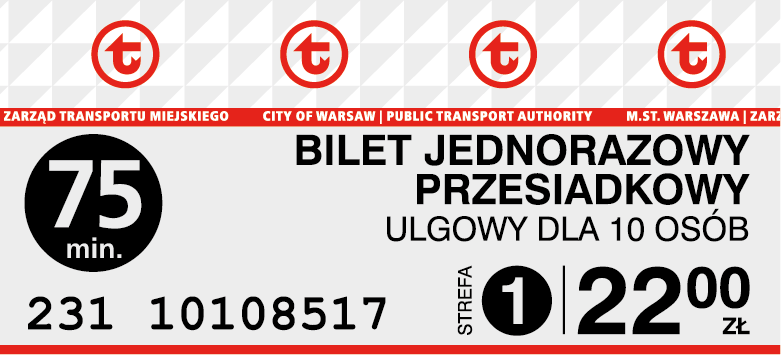 Wzór biletu 75-minutowego dla 10 osób z automatu biletowego